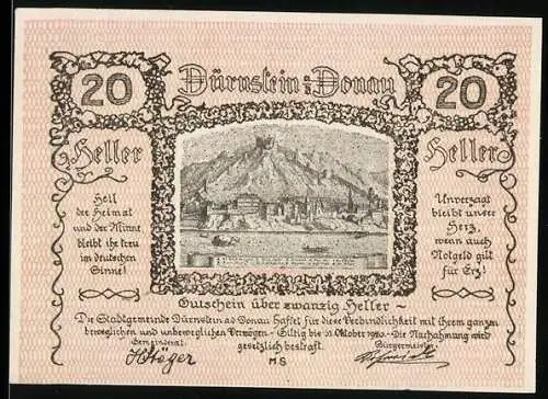 Notgeld Dürnstein 1920, 20 Heller, Stadtansicht mit Berg und Flusslandschaft