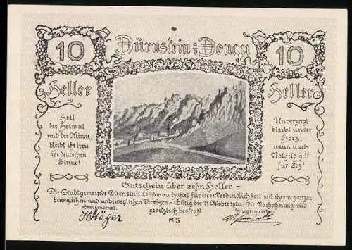 Notgeld Dürnstein 1920, 10 Heller, Landschaft mit Felsen und Fluss, dekorativer Rahmen