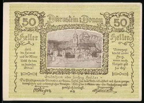 Notgeld Dürnstein 1920, 50 Heller, Stadtansicht mit Kirche und Ruinen, Text umrahmt von Ornamenten