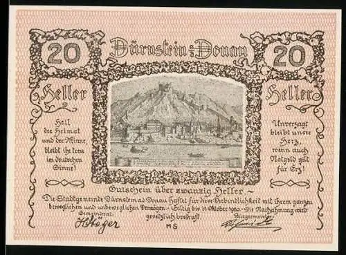 Notgeld Dürnstein an der Donau 1920, 20 Heller, Stadtansicht mit Burg und Donau, Seriennummer und Unterschriften