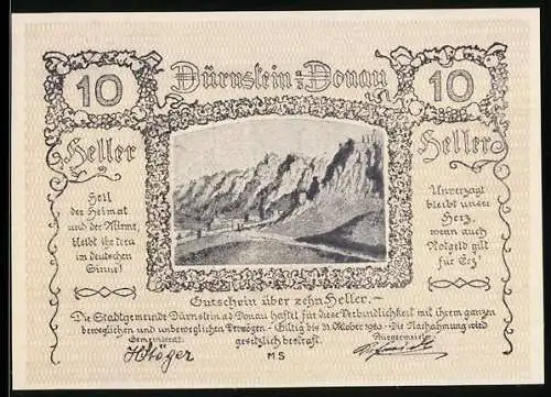 Notgeld Dürnstein 1920, 10 Heller, Landschaft mit Bergen und Fluss, dekorative Umrandung