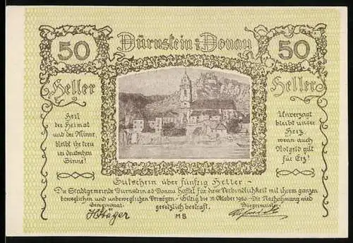 Notgeld Dürnstein 1920, 50 Heller, Stadtansicht mit Kirche und Burg