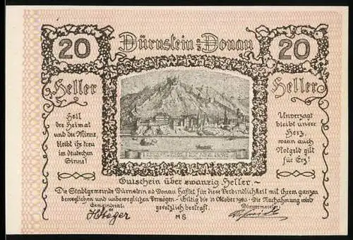 Notgeld Dürnstein 1920, 20 Heller, Landschaftsansicht mit Burg und Donau, Zitate seitlich