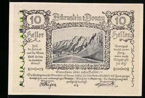 Notgeld Dürnstein 1920, 10 Heller, Landschaft mit Gebirge und Dorf, dekorativer Rahmen, Unterschriften