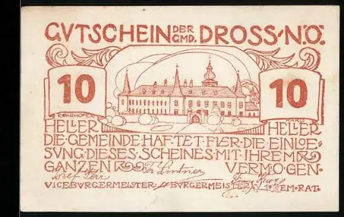 Notgeld Dross 1920, 10 Heller, Gemeindeansicht mit Gebäude und Ornamenten