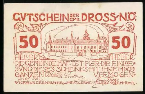 Notgeld Dross 1920, 50 Heller, Gebäudeansicht mit Schrift und Ornamenten