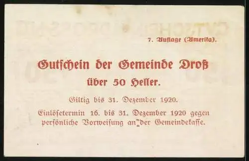 Notgeld Dross 1920, 50 Heller, Gebäudeansicht mit Schrift und Ornamenten