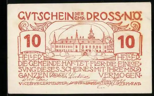 Notgeld Dross 1920, 10 Heller, Schlossansicht und dekorative Schriftzüge