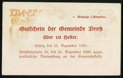 Notgeld Dross 1920, 10 Heller, Schlossansicht und dekorative Schriftzüge