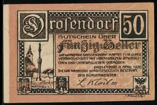 Notgeld Drosendorf 1920, 50 Heller, Stadtansicht und Stadtwappen, 8. April 1920