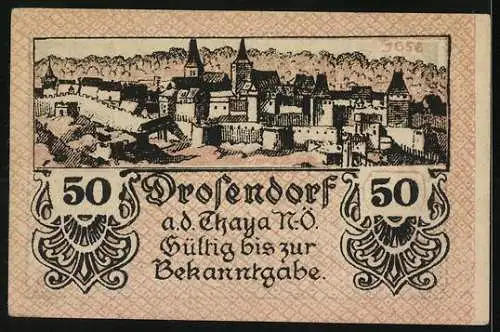 Notgeld Drosendorf 1920, 50 Heller, Stadtansicht und Stadtwappen, 8. April 1920