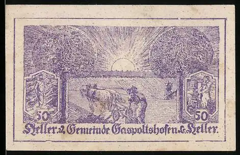 Notgeld Gaspoltshofen 1920, 50 Heller, Bauern und Pferd bei Sonnenaufgang