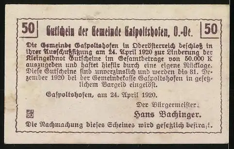 Notgeld Gaspoltshofen 1920, 50 Heller, Bauern und Pferd bei Sonnenaufgang