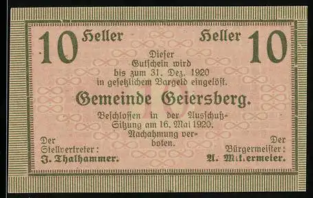 Notgeld Geiersberg 1920, 10 Heller, Gutschein der Gemeinde, Text zur Einlösung und Ausgabe