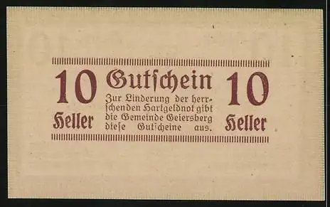 Notgeld Geiersberg 1920, 10 Heller, Gutschein der Gemeinde, Text zur Einlösung und Ausgabe