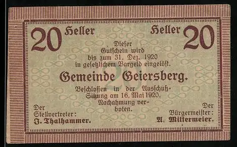 Notgeld Geiersberg 1920, 20 Heller, Gutschein mit Gültigkeit bis 31. Dez. 1920, beige und lila Design