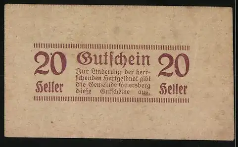 Notgeld Geiersberg 1920, 20 Heller, Gutschein mit Gültigkeit bis 31. Dez. 1920, beige und lila Design