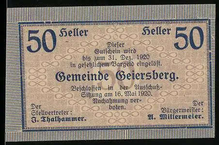 Notgeld Geiersberg 1920, 50 Heller, Textmotiv mit Ausgabelimit und Gemeindeangaben