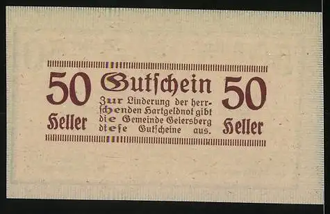 Notgeld Geiersberg 1920, 50 Heller, Textmotiv mit Ausgabelimit und Gemeindeangaben