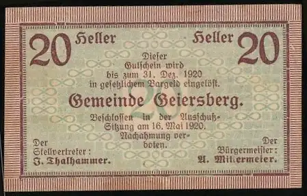 Notgeld Geiersberg 1920, 20 Heller, Gutschein zur Linderung der Geldnot