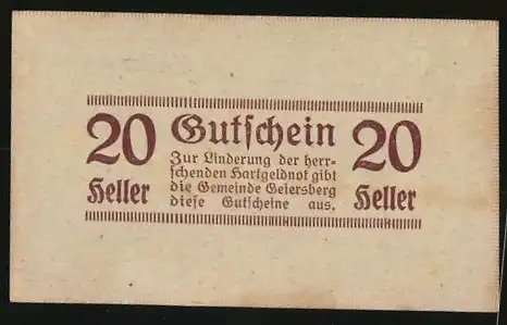 Notgeld Geiersberg 1920, 20 Heller, Gutschein zur Linderung der Geldnot