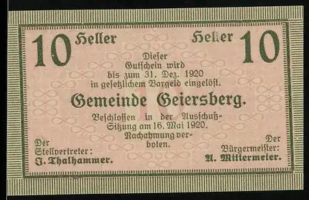 Notgeld Geiersberg 1920, 10 Heller, Gutschein zur Linderung der Geldnot