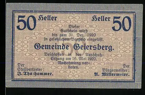 Notgeld Geiersberg 1920, 50 Heller, Gutschein zur Linderung der Geldnot, Gemeindeausgabe