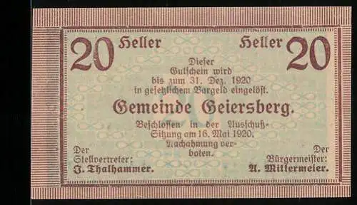 Notgeld Geiersberg 1920, 20 Heller, Gemeindegutschein zur Linderung der Geldnot, gültig bis 31. Dez. 1920