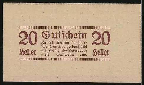 Notgeld Geiersberg 1920, 20 Heller, Gemeindegutschein zur Linderung der Geldnot, gültig bis 31. Dez. 1920