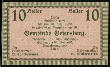 Notgeld Geiersberg 1920, 10 Heller, Textgutschein zur Linderung der Geldknappheit