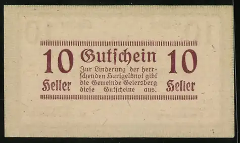 Notgeld Geiersberg 1920, 10 Heller, Textgutschein zur Linderung der Geldknappheit