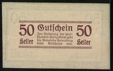 Notgeld Geiersberg 1920, 50 Heller, Textgestaltung mit Ausgabedatum und Unterschriften