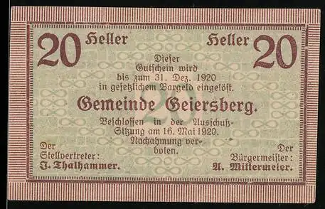 Notgeld Geiersberg 1920, 20 Heller, Gutscheintext und Rahmenmuster