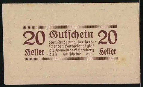 Notgeld Geiersberg 1920, 20 Heller, Gutscheintext und Rahmenmuster