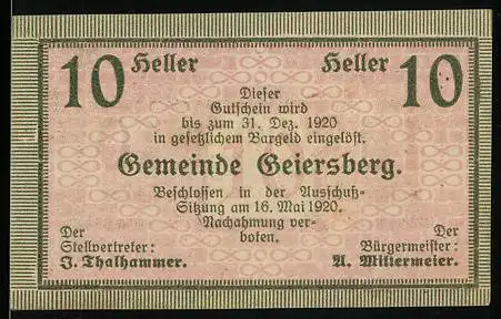 Notgeld Geiersberg 1920, 10 Heller, Gutschein der Gemeinde zur Linderung der Geldnot