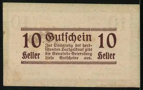 Notgeld Geiersberg 1920, 10 Heller, Gutschein der Gemeinde zur Linderung der Geldnot