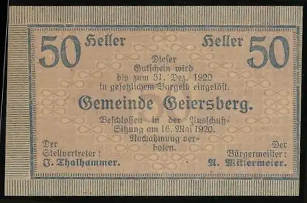 Notgeld Geiersberg 1920, 50 Heller, Gutschein zur Linderung der Geldknappheit