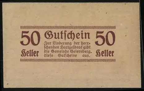 Notgeld Geiersberg 1920, 50 Heller, Gutschein zur Linderung der Geldknappheit