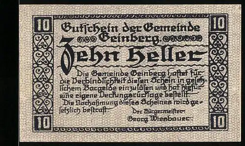 Notgeld Geinberg 1920, 10 Heller, Dorfszene mit Kirche, gültig bis 31. August 1920