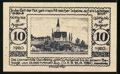 Notgeld Geinberg 1920, 10 Heller, Dorfszene mit Kirche, gültig bis 31. August 1920