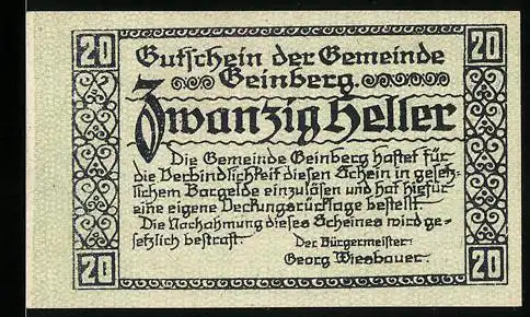 Notgeld Geinberg 1920, 20 Heller, Dorfansicht mit Kirche, floral verzierter Rahmen