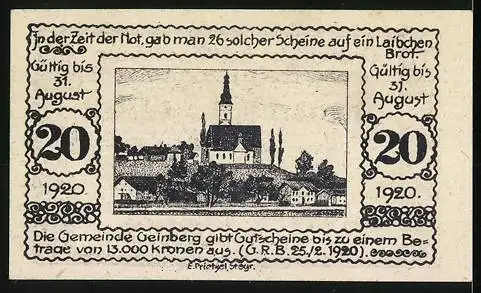 Notgeld Geinberg 1920, 20 Heller, Dorfansicht mit Kirche, floral verzierter Rahmen