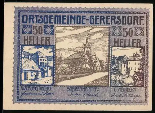 Notgeld Gerersdorf 1920, 50 Heller, Dorfansichten und Text zur Einlösung bis 15. September 1920