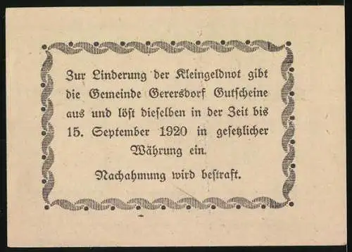 Notgeld Gerersdorf 1920, 50 Heller, Dorfansichten und Text zur Einlösung bis 15. September 1920