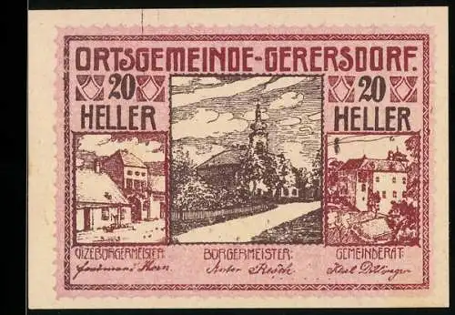 Notgeld Gerersdorf 1920, 20 Heller, Kirche und Gebäudeansichten, Bürgermeister und Gemeinderat erwähnt