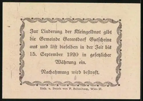 Notgeld Gerersdorf 1920, 20 Heller, Kirche und Gebäudeansichten, Bürgermeister und Gemeinderat erwähnt