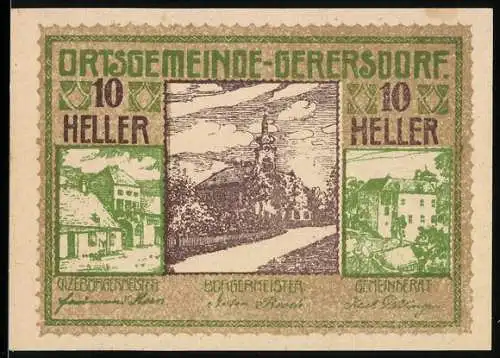 Notgeld Gerersdorf 1920, 10 Heller, Kirche und Gebäudeansichten