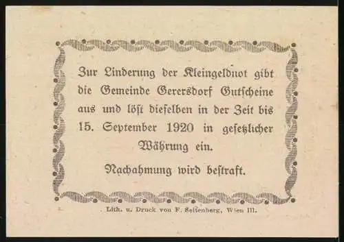 Notgeld Gerersdorf 1920, 10 Heller, Kirche und Gebäudeansichten