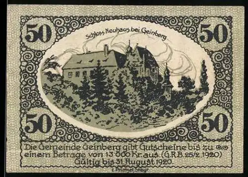 Notgeld Geinberg 1920, 50 Heller, Schloss Neuhaus bei Geinberg Motiv