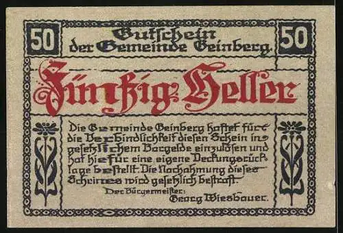 Notgeld Geinberg 1920, 50 Heller, Schloss Neuhaus bei Geinberg Motiv